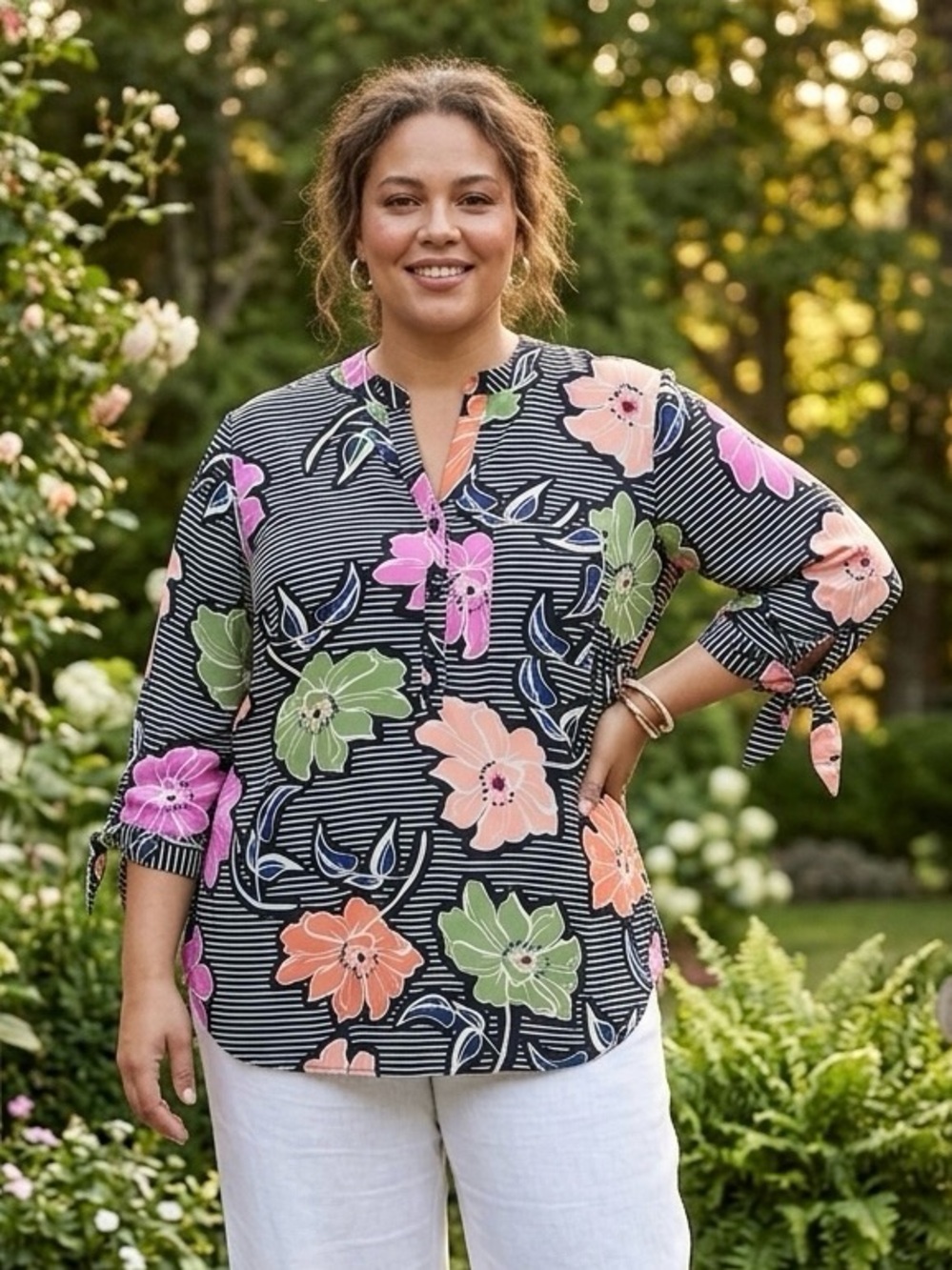 Eloquii Floral Stripe Half Button Front Popover Blouse Womens Size 16